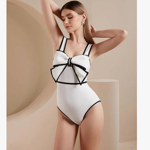 NWT New FLAXMAKER Swimsuit Bow-tie Decor One Piece Bathing Suit Size Small - Picture 1 of 8